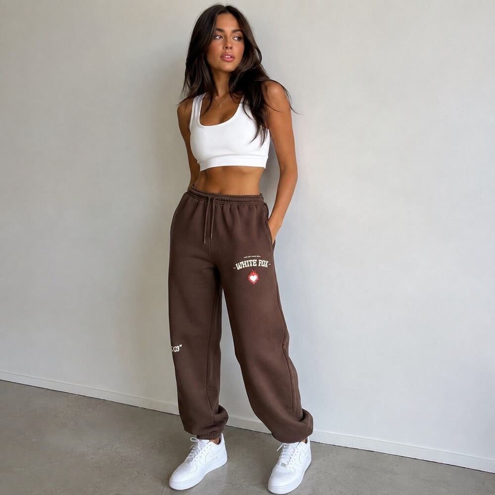 White Fox Los Angeles Chocolate Brown Jogger Sweatpants Drawstring Fleece XS